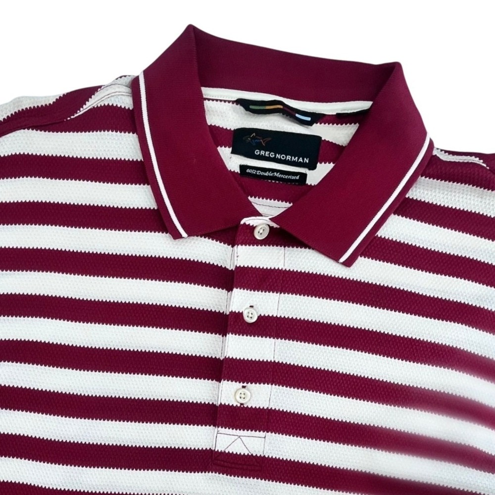 Greg Norman Polo Shirt Mens XL Burgundy White Striped Double Mercerized Cotton